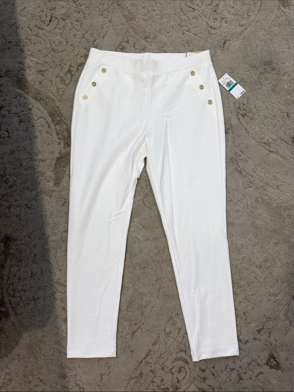 MICHAEL Michael Kors White Ponte High-Rise Ankle Pants with Gold Buttons